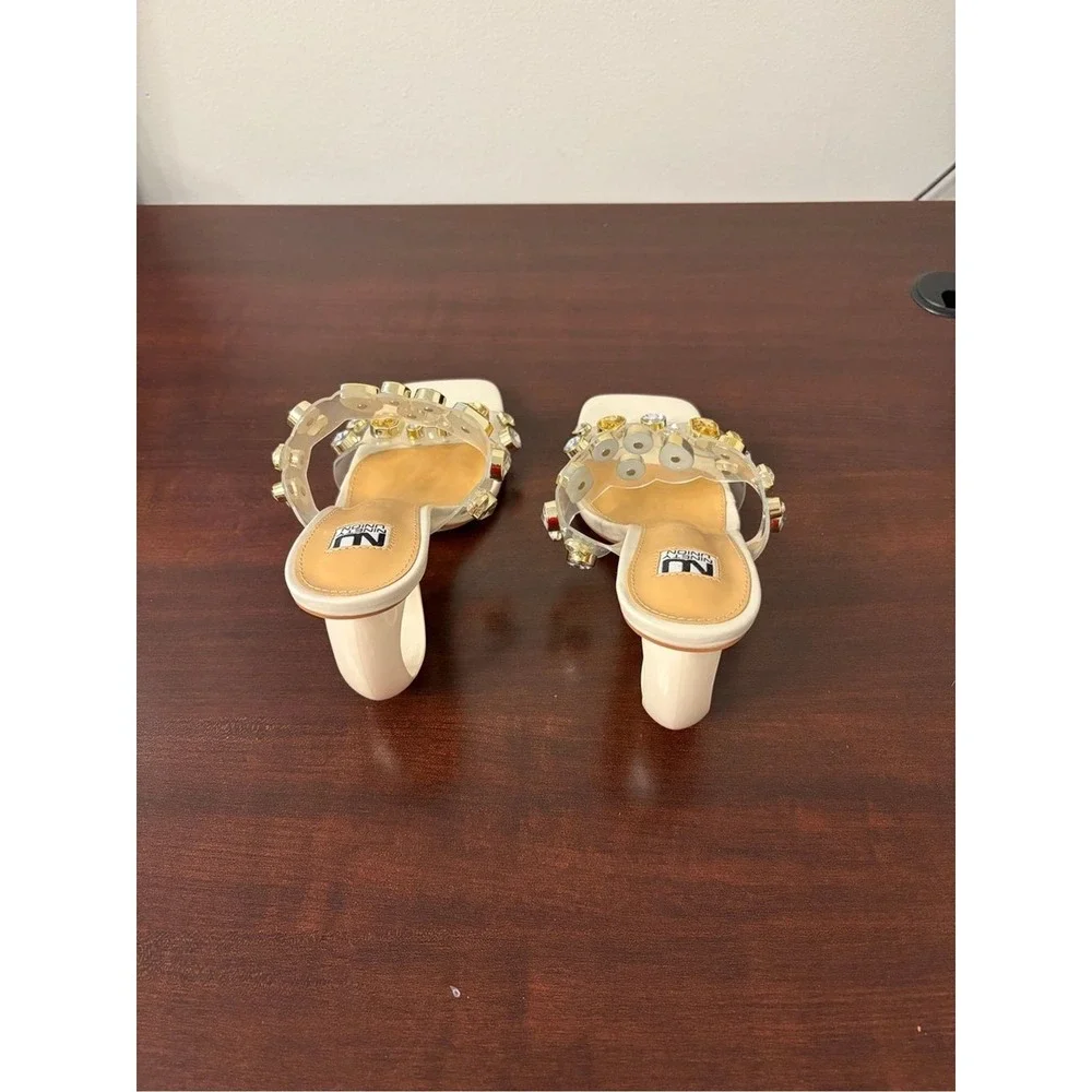 Ninety‎ Union Joyful Ivory Crystal Embellished Clear Strap Circle Heel Sandals 7